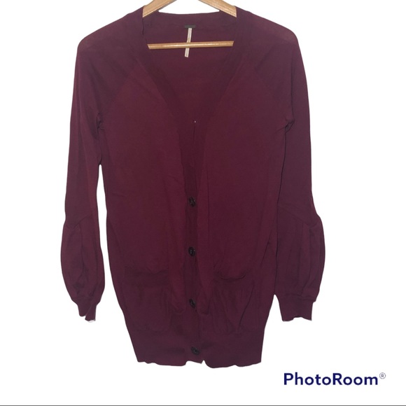 Free People Maroon Bishop Sleeve Cardigan Sweater - Picture 6 of 13